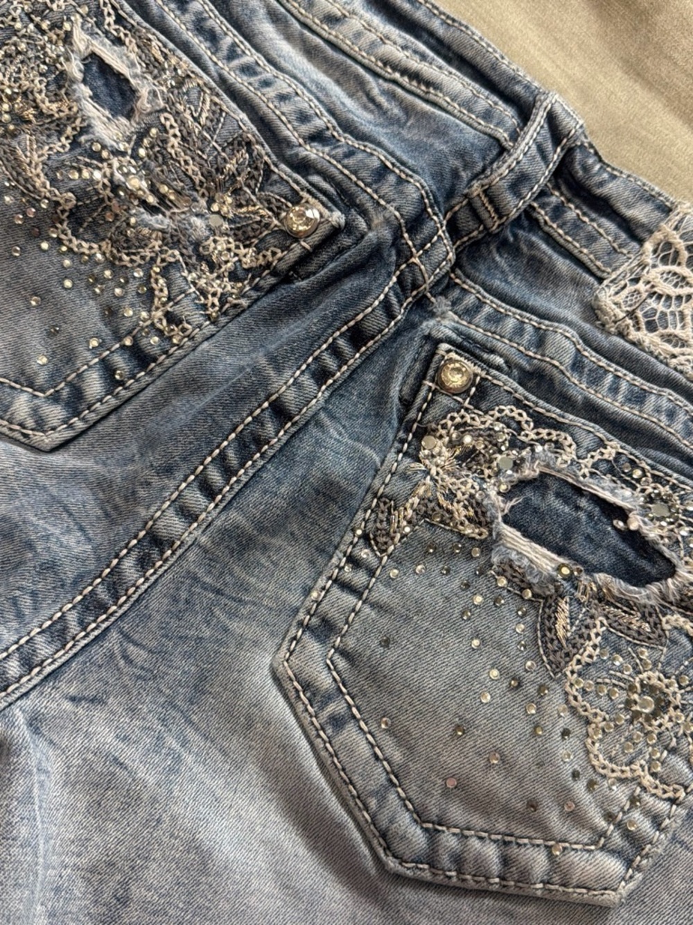 Miss Me Blue Distressed Denim Shorts with Lace Insets - Picture 4 of 5